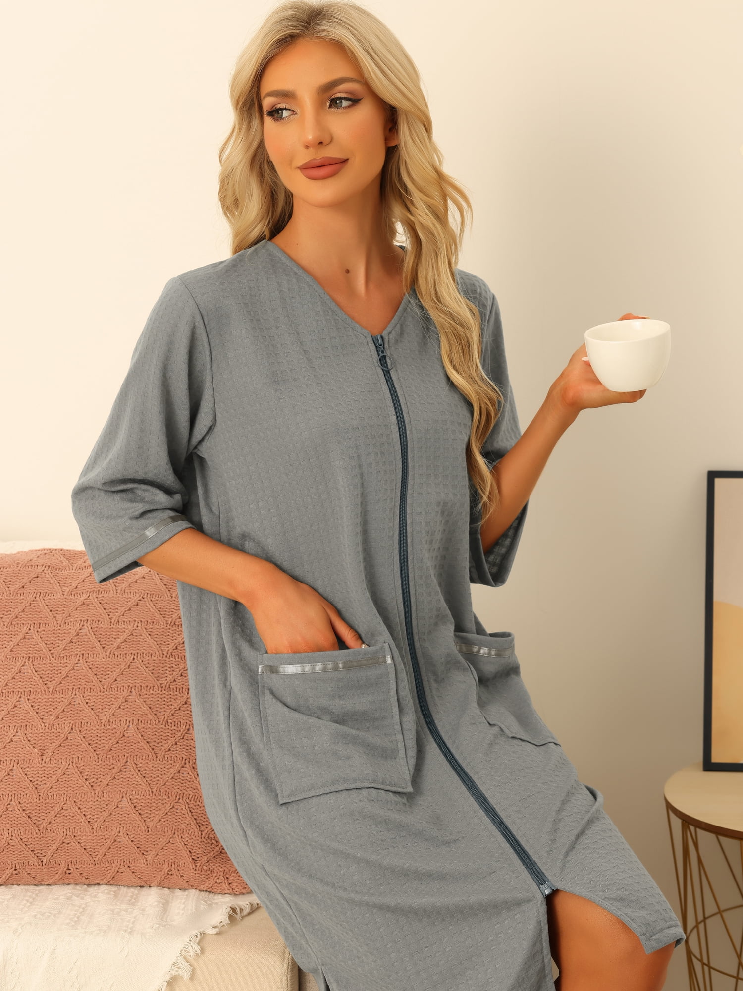 DARING DIVA Women's Waffle 3/4 Sleeves Bathrobe Loungewear Zipper Up Robes L Gray
