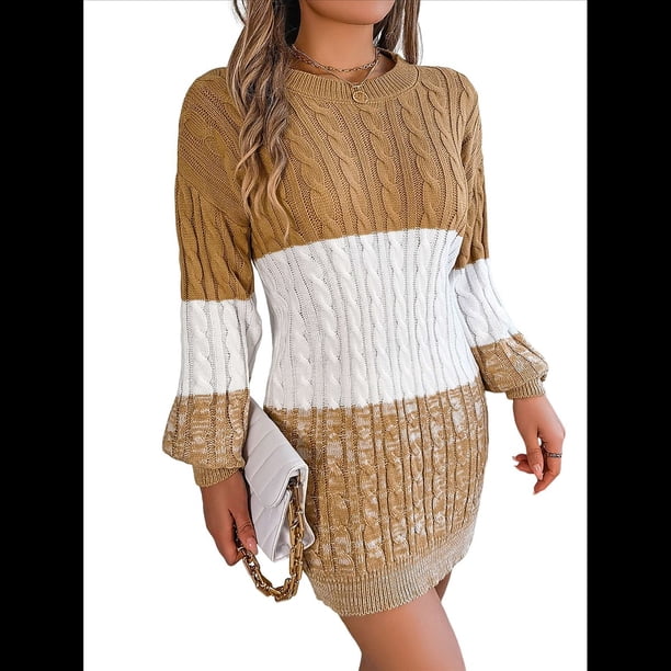 Vestido Elegante de Punto con Mangas Farol y Patchwork para Mujer, Otoño-Invierno Caqui L