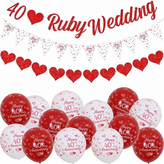 40th Anniversary Decorations Set, 40th Ruby Wedding Glitter Banners, 40th Anniversary Bunting Flag and Balloons for 40th Anniversary Party Supplies