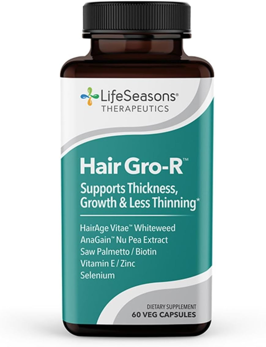 LifeSeasons Hair Gro-R - Support Thickness Growth & Less Thinning - Reduce Hair Loss & Encourage Regrowth - Biotin Zinc Selenium & AnaGain Nu Pea Extract - 60 Capsules