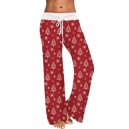 

Womens Leisure Pants Christmas Printed Home Pants Wide Leg Pants Pajama Pants Pull Rope Elastic Waist Furry Pants Women