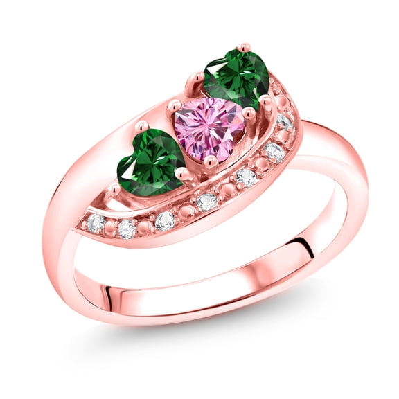 Gem Stone King 18K Rose Gold Plated Silver Pink Moissanite and Green Nano Emerald and White Created Sapphire Engagement Ring for Women (1.11 Cttw, Gemstone , Heart Shape 4MM, Size 9)