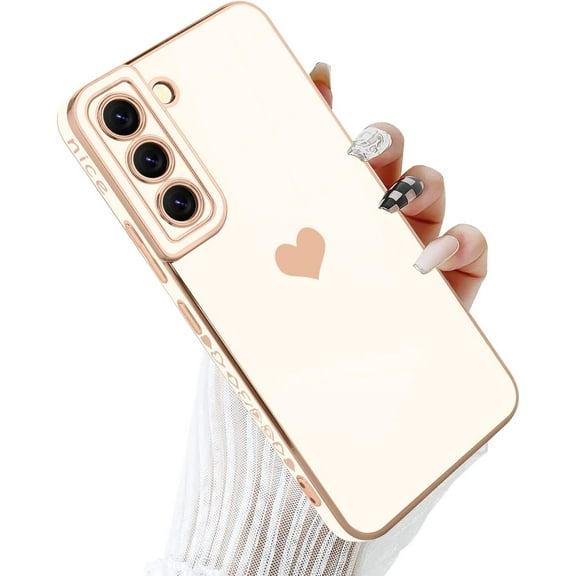 Compatible with Samsung Galaxy S22 5G Case Luxury Love Heart Plating Gold Bumper Upgraded Full Camera Protection Soft TPU Shockproof Anti-Scratch Phone Cover-White