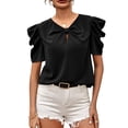 thumbnail image 1 of Camiseta informal de verano, color negro, con escote en V mediano, mangas abullonadas y botones en la espalda, 1 of 6