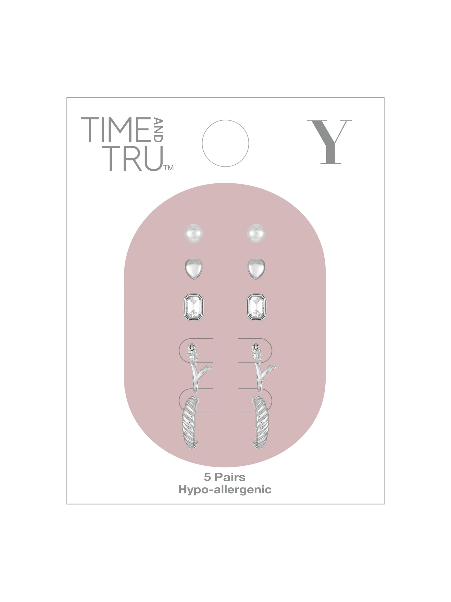 Time and Tru Silvertone Multi Earring Set, 5 Pairs, Initial Y