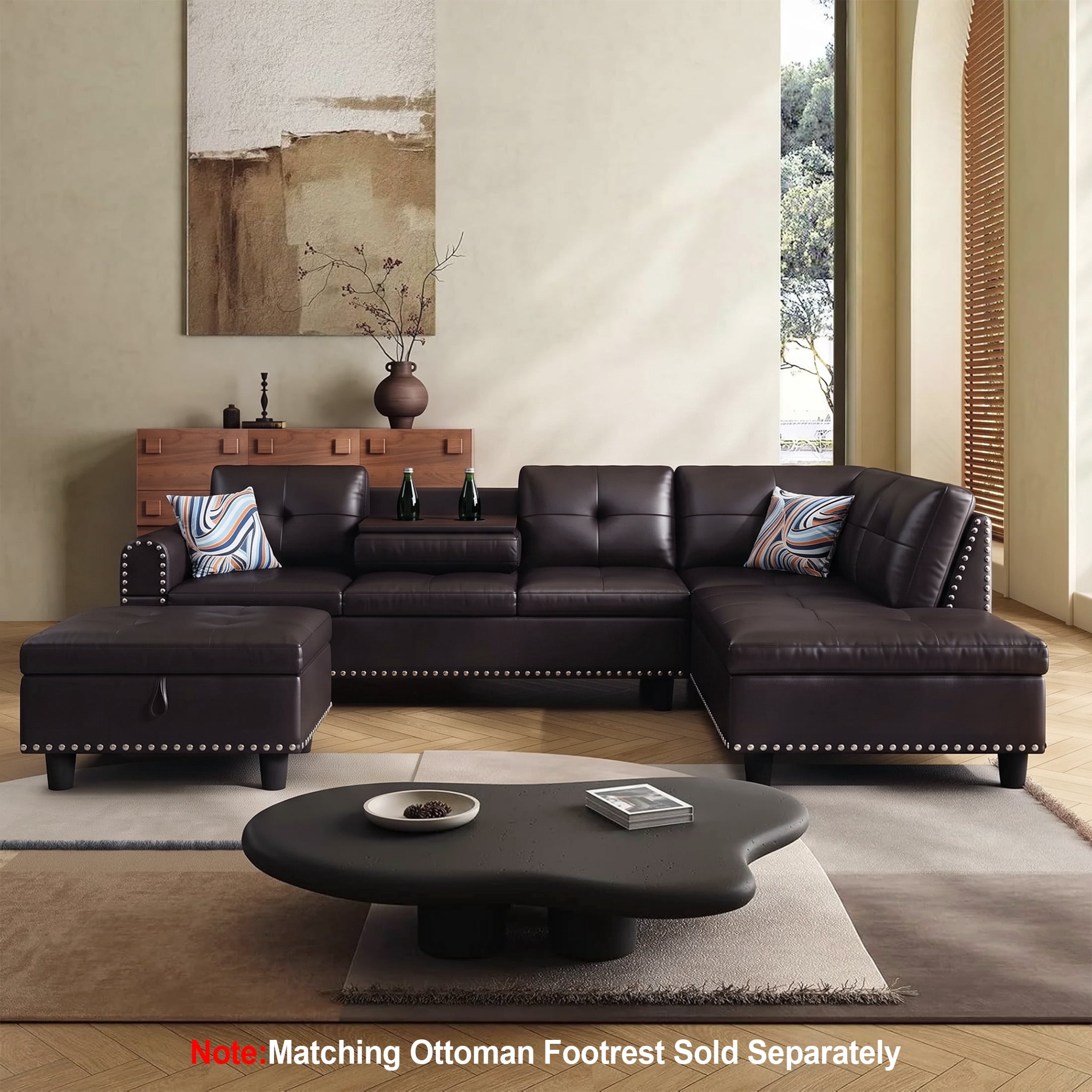 AENKYO 98" L-Shaped Sectional Sofa with Reversible Chaise and Cup Holders, Faux Leather, Brown