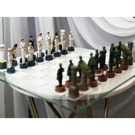Ebros Gift American Military Army VS Navy Colorful Chess Set, 17" Glass Board, 12 Pieces