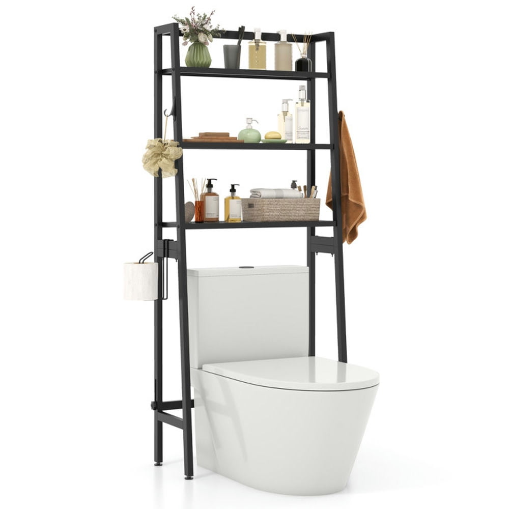 Finihen Toilet Storage Rack, Toilet Storage Shelf, 3-Tier Over The Toilet Storage Shelf with Adjustable Bottom Bar, for Bathroom, Black