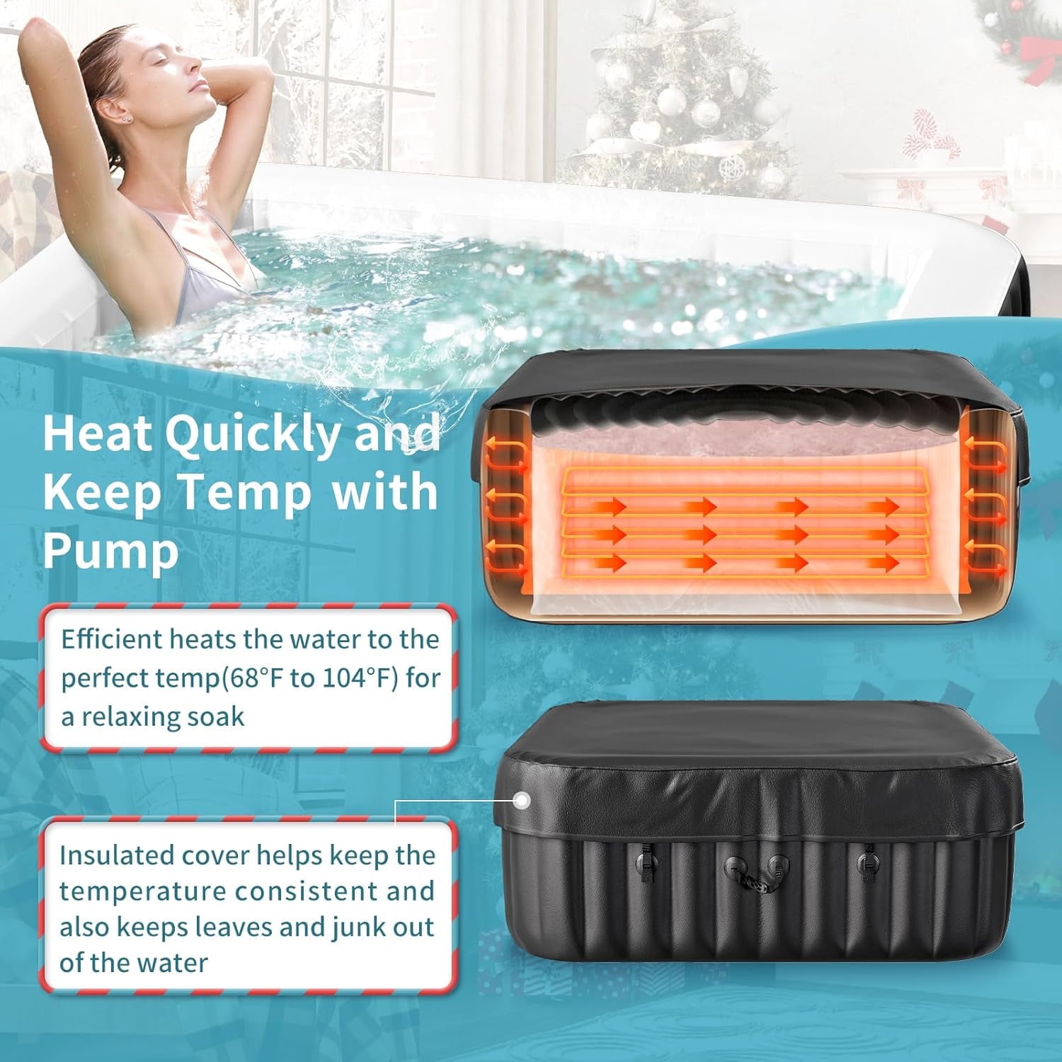 Outdoor Inflatable Hot Tub Spa for 4 Person, Square 185 Gallon Air Jet Hot Tub with 110 Bubble Jets, Pool Heater, Insulated Cover and Filters, Portable Hot Tubs for Patio, Backyard