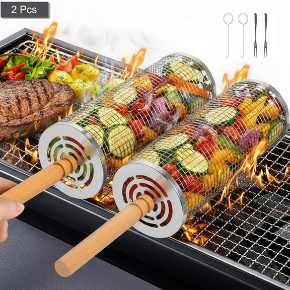 PinkSheep Grill Baskets for Outdoor Grill, 2Pcs Stainless Steel Grilling Basket Rack with Wooden Handles for Camping BBQ Vegetables Fish with Tool Accessories