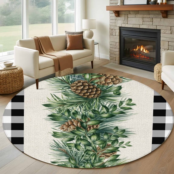 Christmas Pine Needle Round Rug 5ft Washable Circle Kitchen Rugs Non Slip Xmas Pine Cones Black White Plaid Large Area Rug Indoor Floor Carpet for Bedroom Living Room Home Office Dining Room Nursery