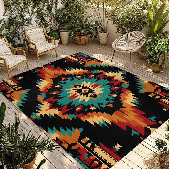 3' x 5' Outdoor Rug, Boho Orange Teal Outdoor Washable Rug Large Floor Carpet, Geometric Vintage Southwestern Ethnic Non Shedding Area Rug for Outside Patio RV Porch Deck Balcony Camping Living Room