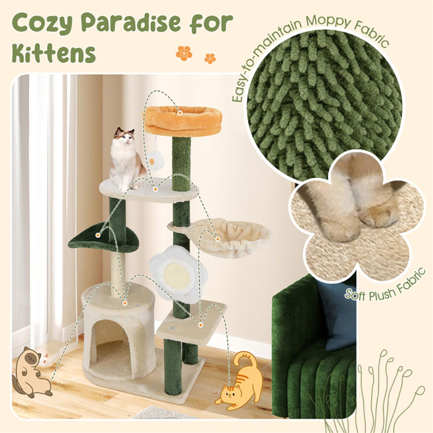 Kadyn 71" Cat Tree Tower with Hammock for Indoor Cats, Cute Flower Cat Tree House with Scratching Posts and Dangling Ball, Beige