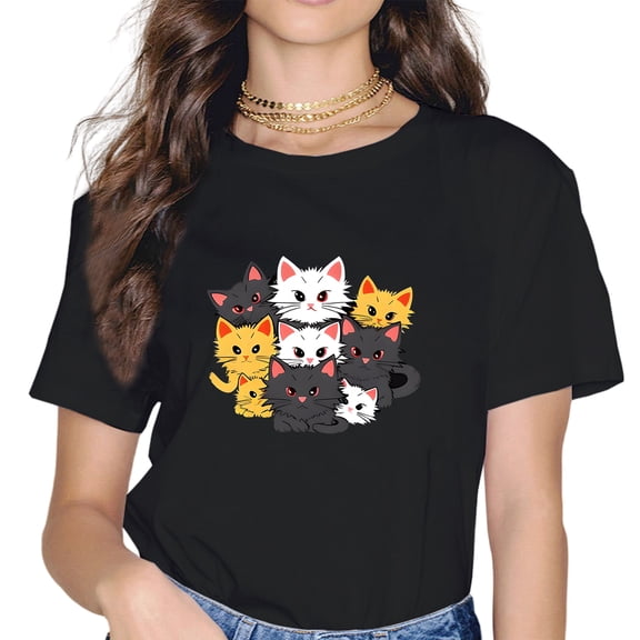 Women Kawaii Kitten Stacking Cat Lovers T-Shirt