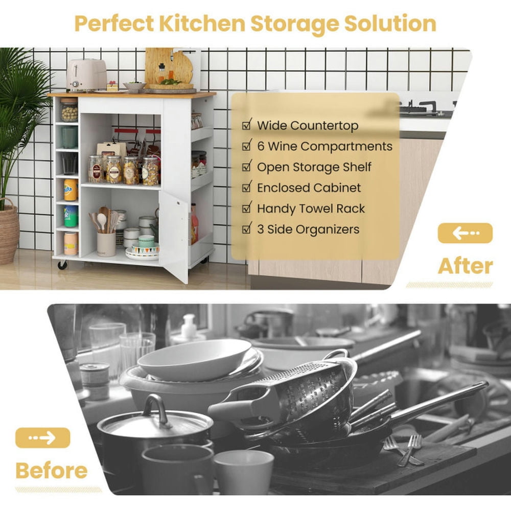 Finihen Rolling Cart, Kitchen Island Cart, Kitchen Cart on Wheels with Bamboo Top and 6-Bottle Wine Rack, for Kitchen, Dining Room, White Finihen Rolling Cart, Kitchen Island Cart, Kitchen Cart on Wheels with Bamboo Top and 6-Bottle Wine Rack, for Kitchen, Dining Room, White