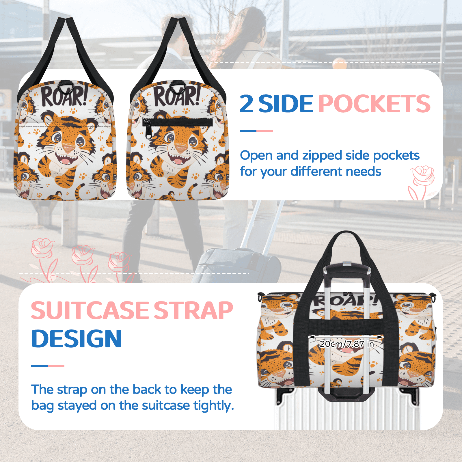 Herdesigns Cute Tiger Gym Bag for Women, Duffle Bag for Travel Sport, Pawprint Lightweight Waterproof Carry on Weekender Dance Yoga Workout Bags