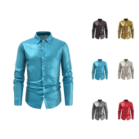 Shiny Metallic Shirt for Men Long Sleeve Button Down Collared Dress Shirt Stage Performance Dancewear Wedding Party