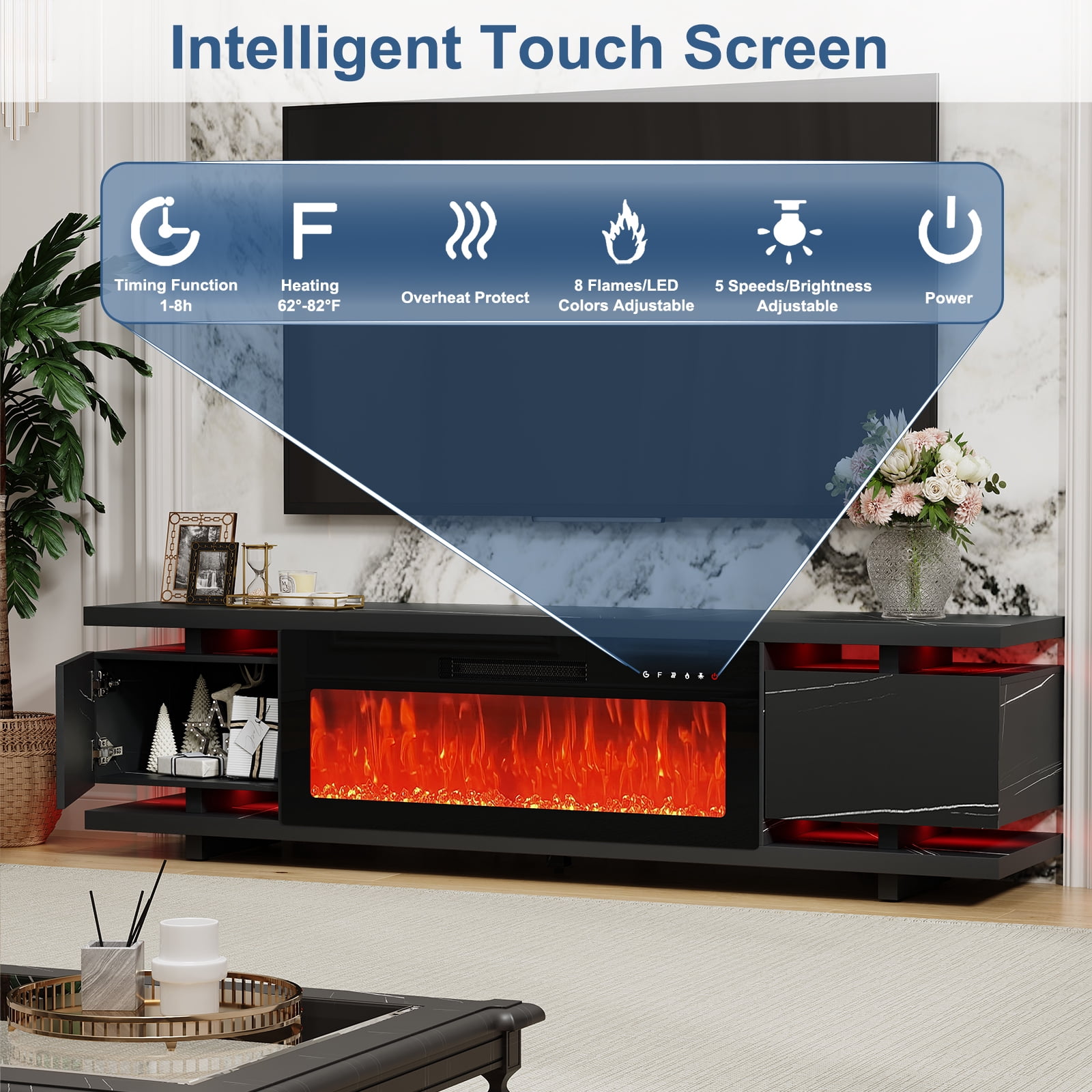 Redayfur 69" TV Stands with Electric Fireplace for TVs up to 80",Remote Control and LED Lights,Black