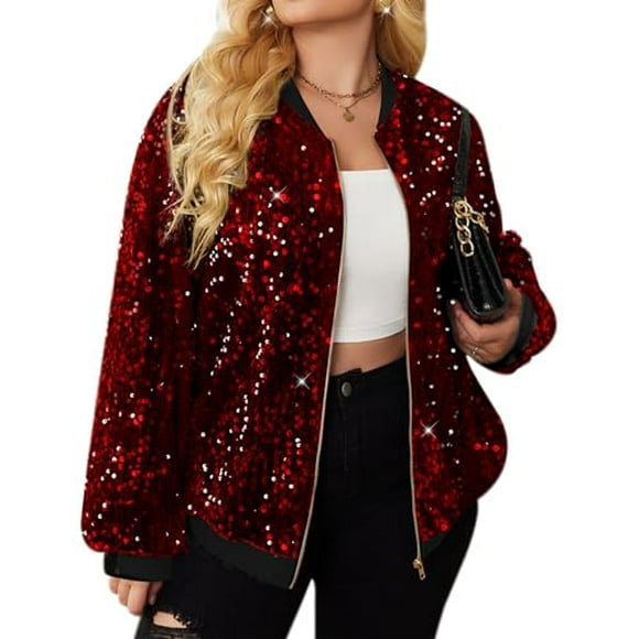 IN'VOLAND Womens Sequin Jacket Plus Size Sparkle Long Sleeve Jackets Front Zip Loose Casual Blazer Bomber Jacket with Pockets