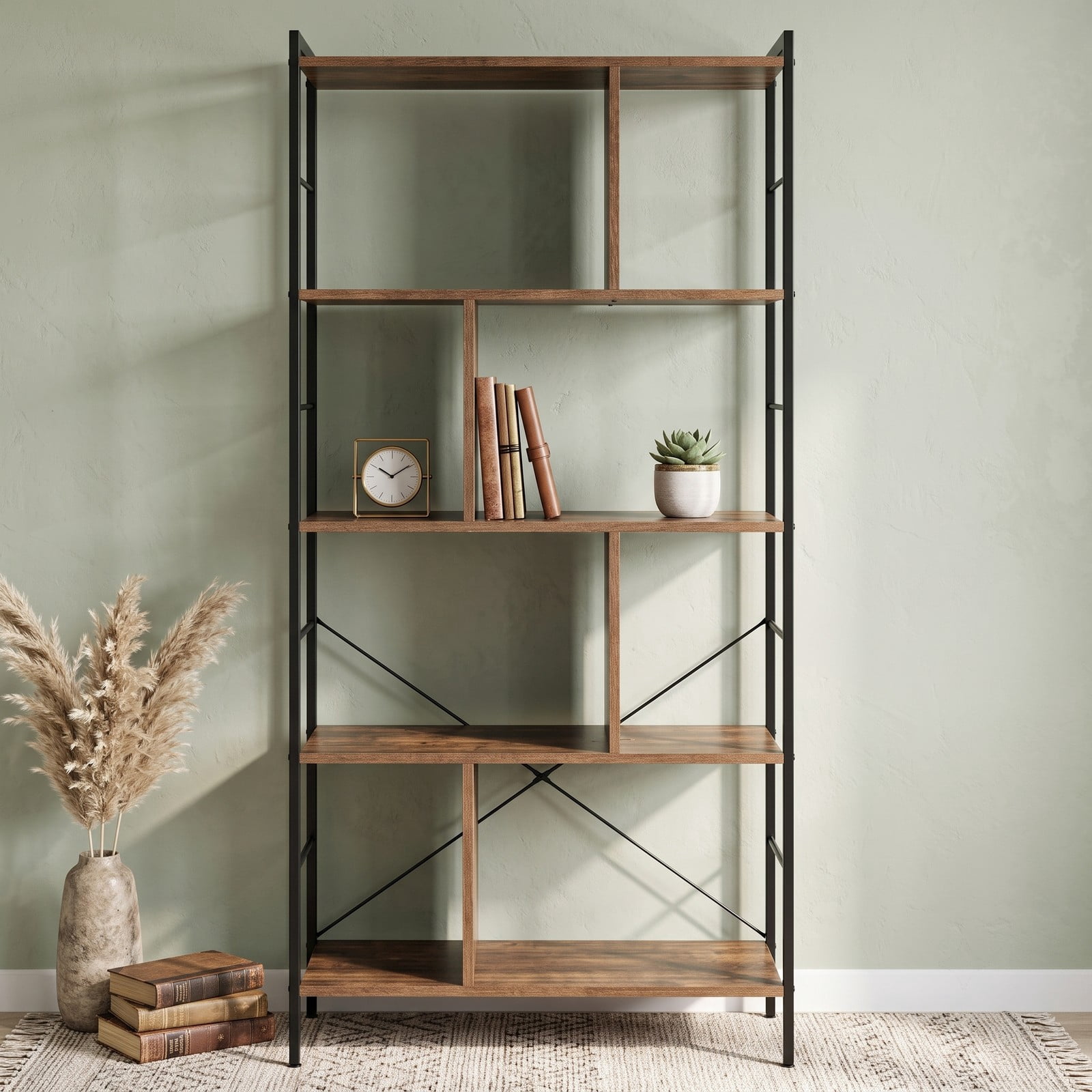 Furnibear 4-Tier Industrial Freestanding Bookshelf, Wood and Metal Frame Bookcase Open Storage Shelf with Anti-Toppling Device for Living Room Bedroom, Rustic Brown