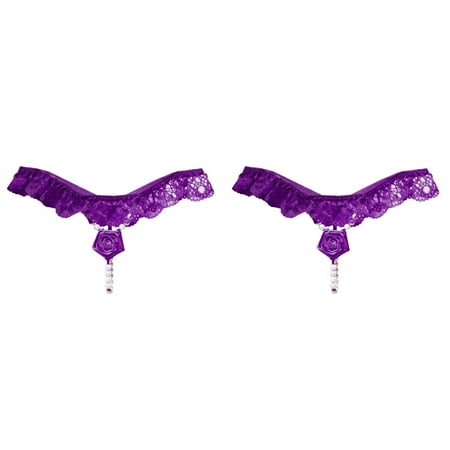 LWNYDPLSD 2 Pack Womens Pearl T Back G String Embroidery Rose Flowers Beaded Thong Panty Underwear Low Rise T-Back Underpants Valentines Day Gifts for Her