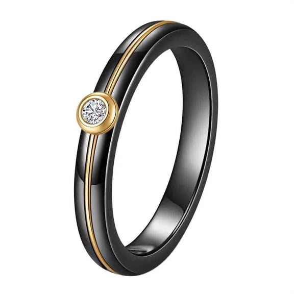 PAMTIER Women's Stainless Steel Ceramic 4MM Simple Zirconia Engagement Band Ring Gold Black Size 6