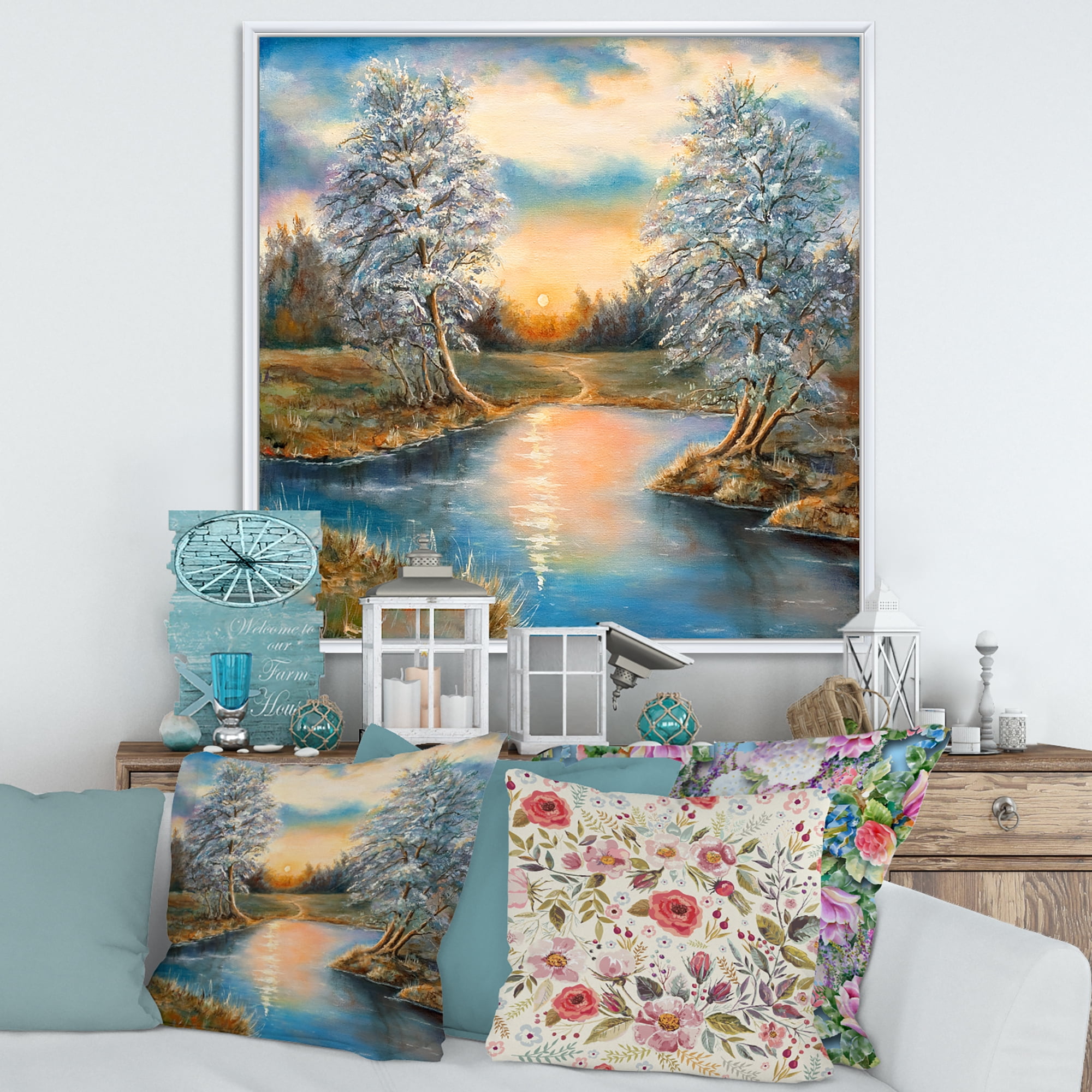 Designart 'Birches In The Autumn Woods Sunset' Lake House Framed Canvas Wall Art Print