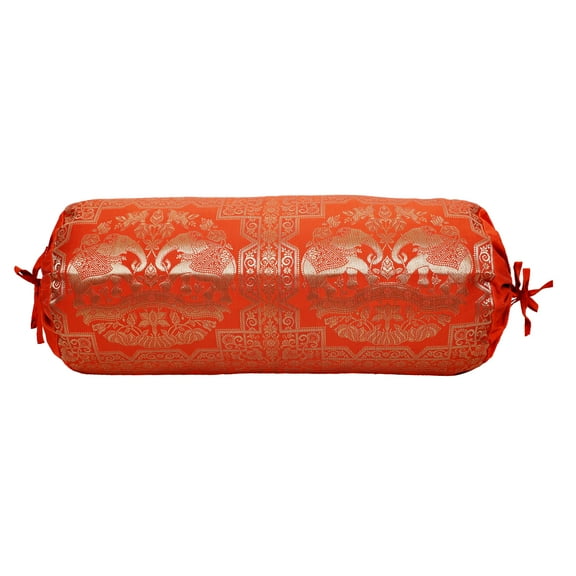 Stylo Culture Indian Decorative Brocade Bolster Pillow Cover Orange Gold Floral Jacquard Weave Round Yoga Pillow Traditional Elephant Cylindrical Cushion Cover - (76x38 cm) | 1 Pc (Cover Only)