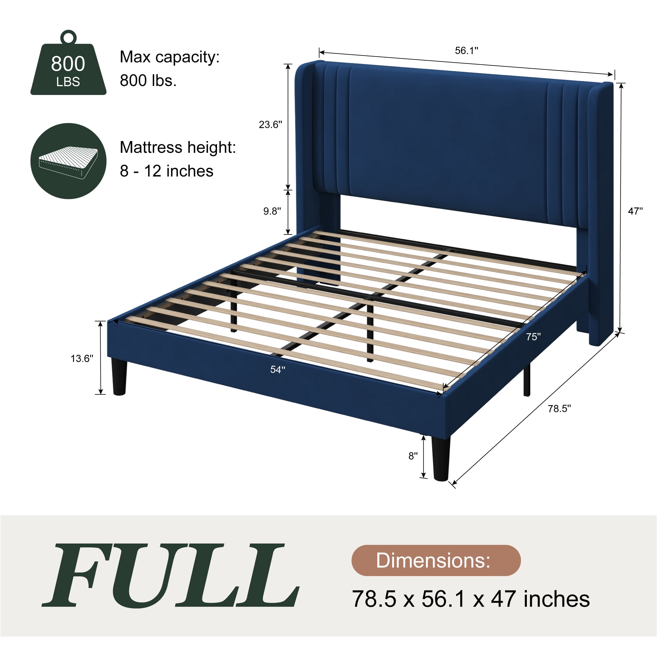 Amolife Full Size Bed Frame, Velvet Platform Bed with Upholstered Wingback Headboard, No Box Spring Needed, Blue