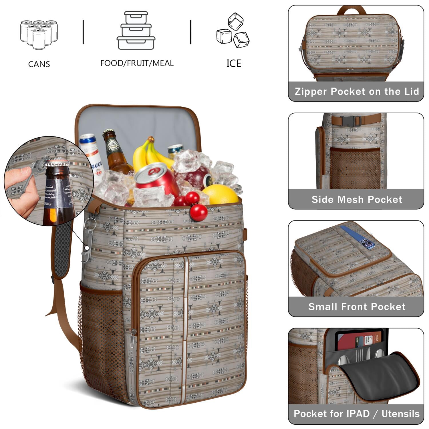 Travel Cooler Bag - Boho Bohemia Pioneer Flower Geometric Line Art Camping Beer Cooler Backpack with Bottle Opener- Waterproof Insulated Picnic Backpacks - Cooler Bag for Beach
