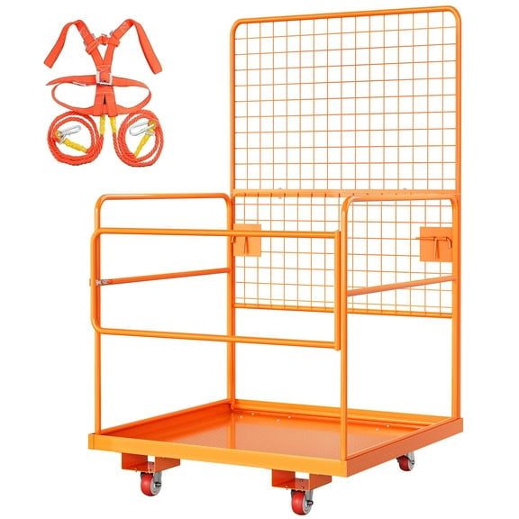 Luku 45" x 43" forklift Safety Cage, Max. 2200 LBS Heavy Duty Steel forklift Man Basket, Foldable forklift Work Platform with Guardrails, Safety Harness, Wheels, Perfect for Aerial Work