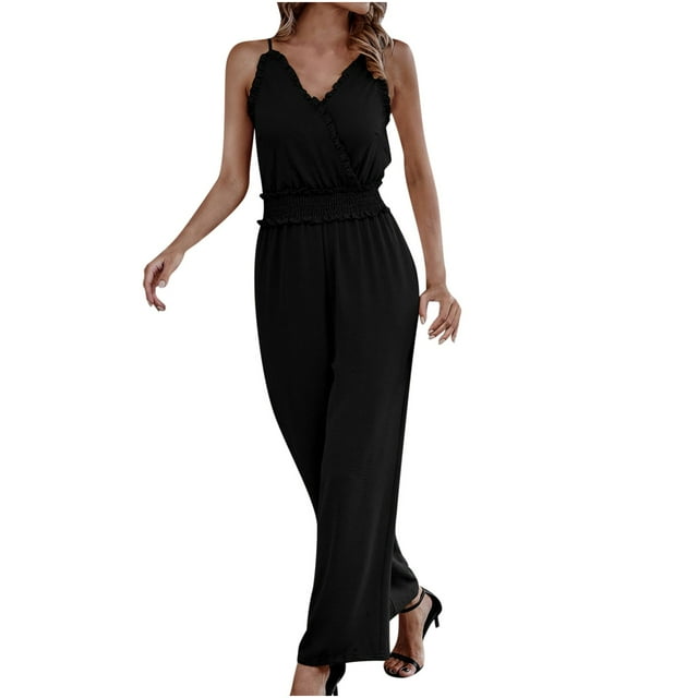 Stretchy Jumpsuits for Women Ruffle V Neck Spaghetti Straps One Piece Long Pants Outfits Sleeveless Summer Rompers