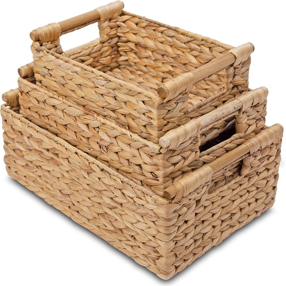 Hyacinth Wicker Basket Set 3 size - Rectangular, Wooden Handles, Shelf Organizer, Natural Bins