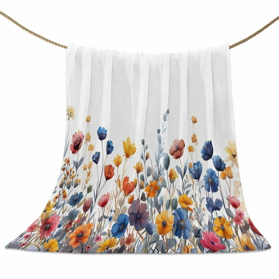 Flannel Fleece Blanket Watercolor Flower Floral Super Soft Warm Cozy Throw Blanket Leaves Branch Daisy Bed Couch Car Blankets for All Season 50" x 60"