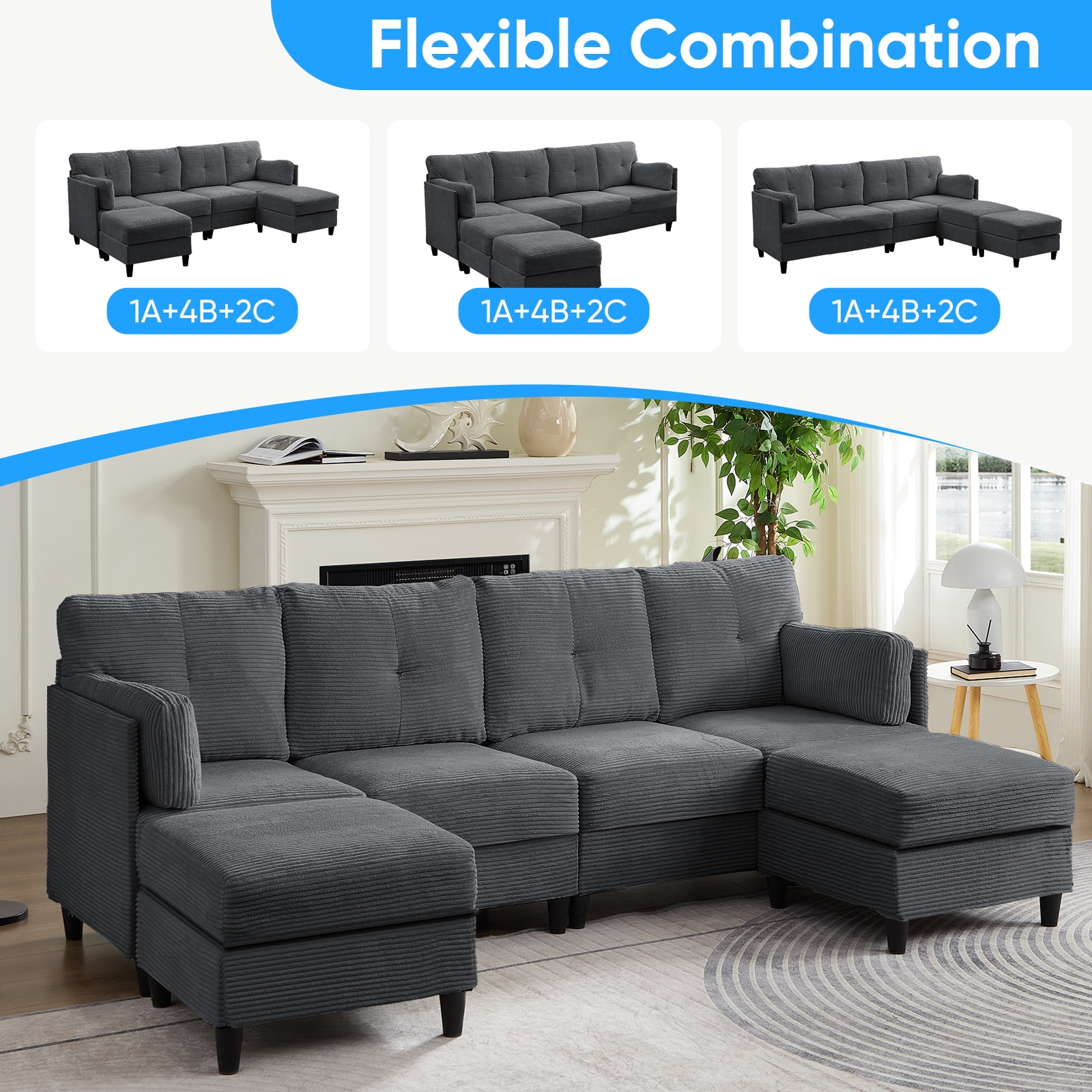 ZAFLY U Shaped Sectional Sofa with Movable Ottoman, Corduroy Sectionals for Living Room - Dark Gray