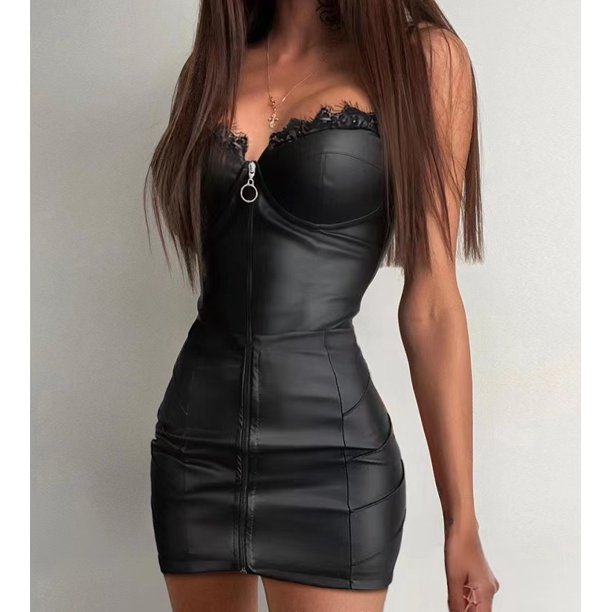 Vestido de fiesta de moda para mujer, negro con cuello en V minivestido, encaje empalmado, Bodycon, correa de cuero PU, Falda corta Sexy para chica picante, 2023