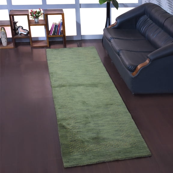 Rugsotic Carpets Hand Knotted Wool Area Rug 2'6''x10' Green Contemporary Runner Indoor Rug for Living Room, Bedroom Antimicrobial L00531