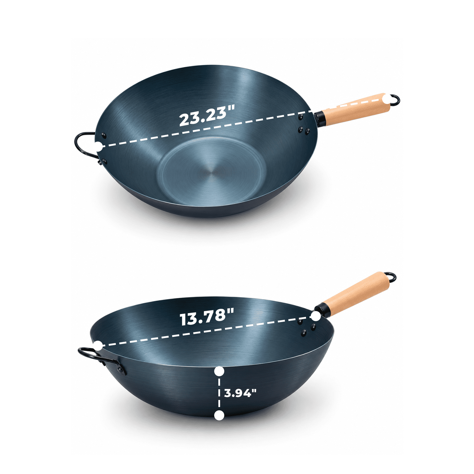 Alvantor 13.8" Carbon Steel Wok Pan, Pre-Seasoned Flat Bottom Pow Wok for Family Meals and Camping, No Chemical Coating, Compatible with Induction, Electric, Gas, Open Fire