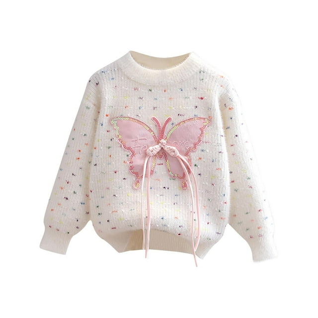 Chandail pour Bébé Fille Col Rond Manches Longues Imprimé Dessin Animé Tricot Automne Hiver Chandail en Molleton Blanc