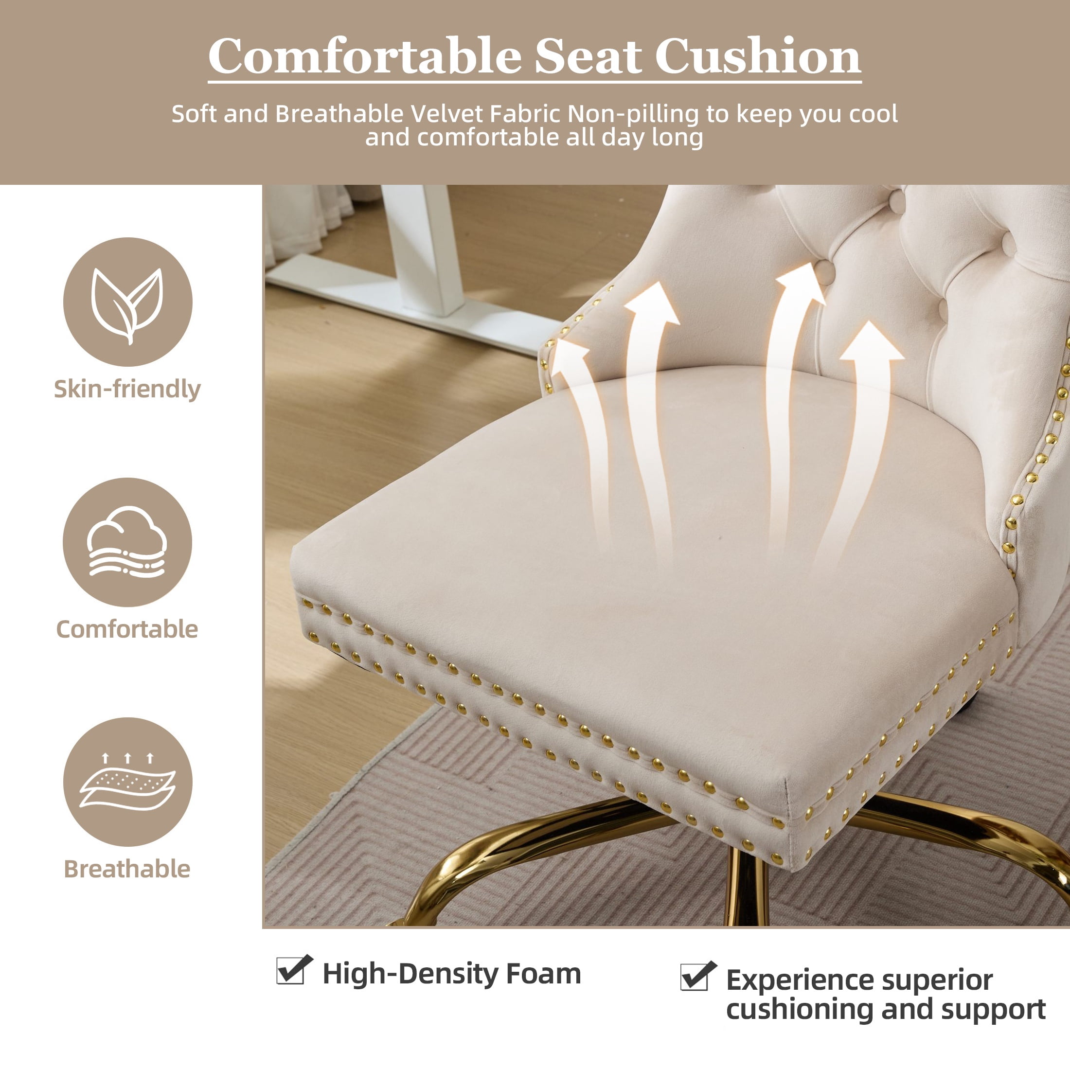PAPROOS Vanity Chair, Swivel Home Office Chair, Ergonomic Home Desk Chair with Golden Metal Base, Adjustable Height, Velvet Upholstered Tufted Button Task Chair, Beige