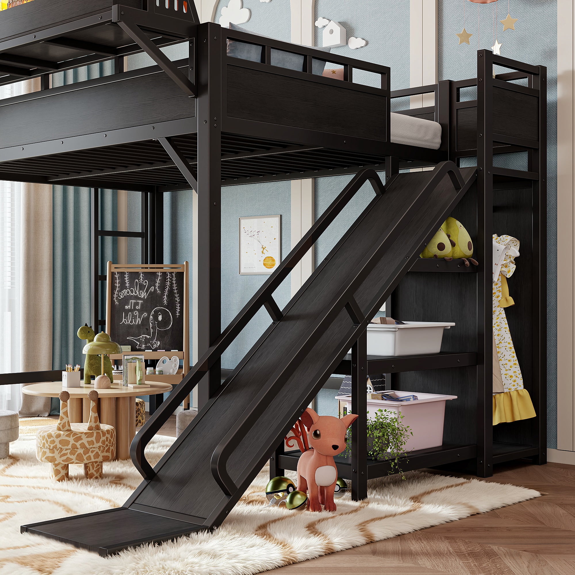 Leumius Full Size Loft Bed with Slide,Storage Shelves and Built-in Wardrobe,Metal Loft Bed Frame with USB Ports and LED Lights,Pegboard,Safety and Solid,