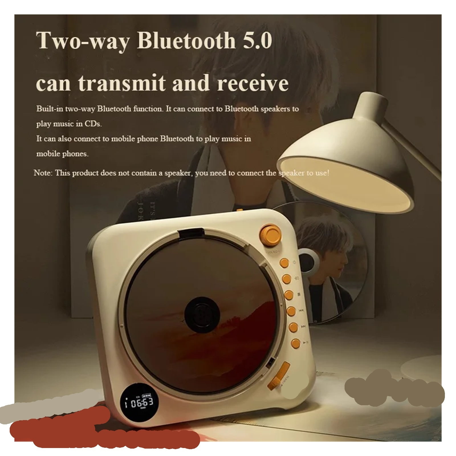 HIFI Audiophile CD Player Bluetooth 5.0 Bidirectional USB AUX Lossless Music Player Rechargeable ,Multi-Functional