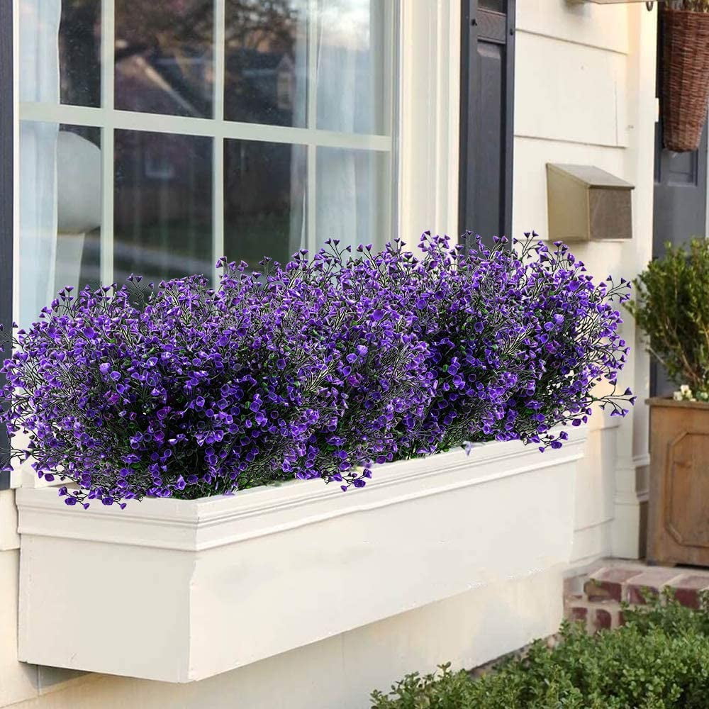 Artificial Shrubs Bushes 4 Pack Fake Outdoor UV Resistant Plants Flowers, Faux Plastic Bell Leaves Greenery for Indoor Outside Hanging Planter Home Office Wedding Farmhouse Decor (Purple)