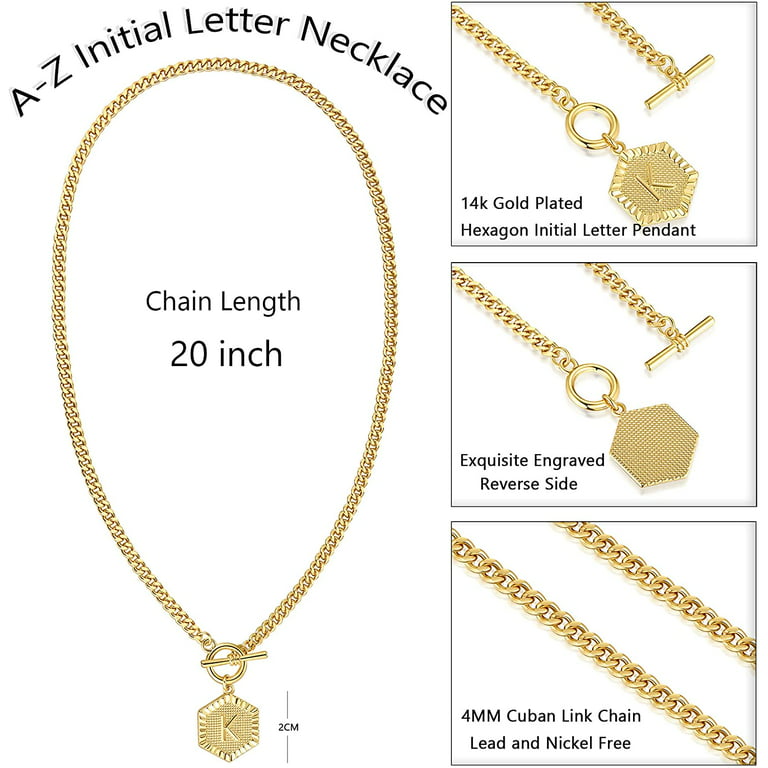 JLMMEN STORE Gold Initial Letter Pendant Necklace 14K Gold Plated Cuban Link  Chain Toggle Clasp Hexagon Monogram Engraved A-Z Alphabet Necklaces  Personalized Charm Jewelry Gifts for Women Girls 20'' 
