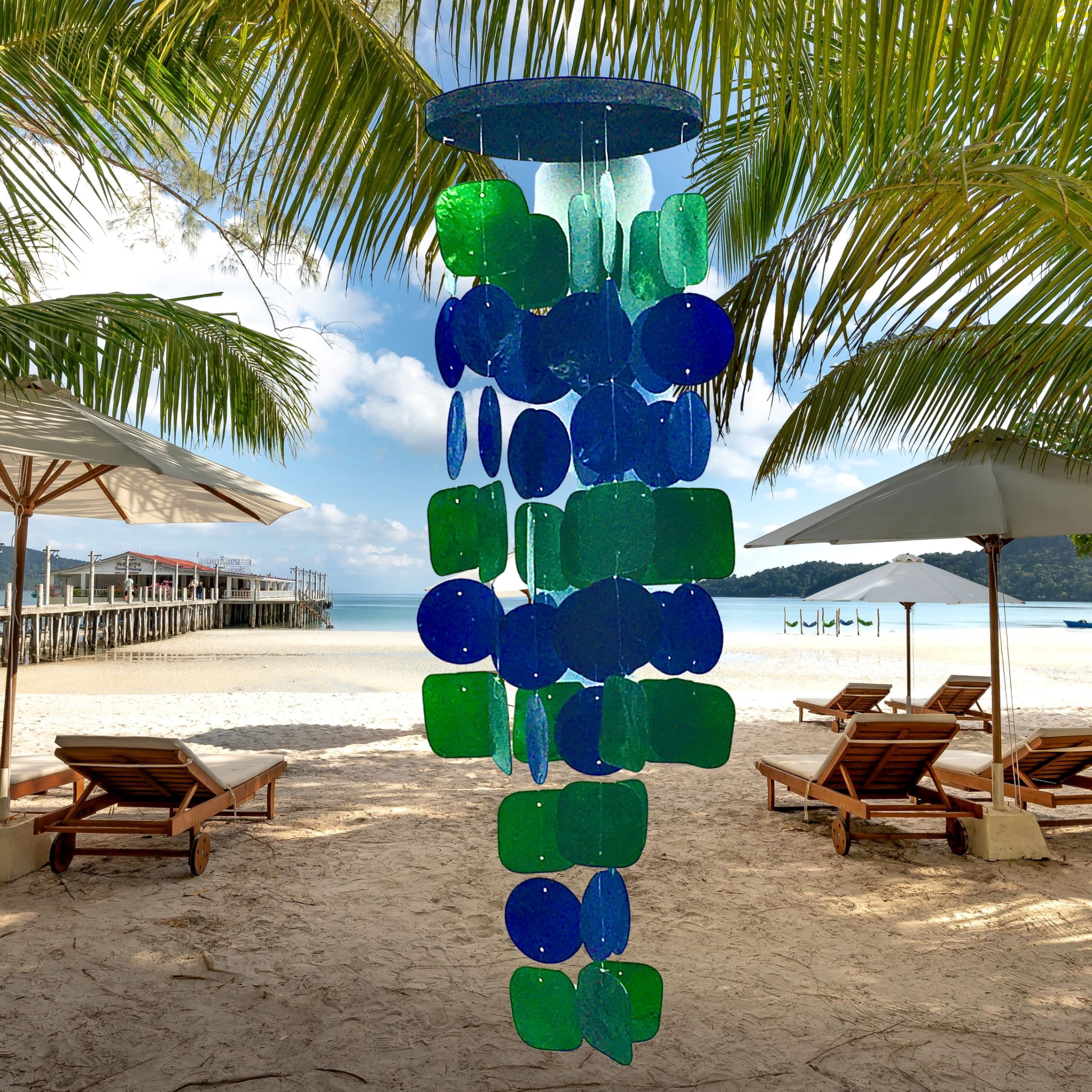 24858 Wind Chimes Outdoor  Garden Decorations Musical Indoor/outside Windchimes Beach Breeze Gifts For Mom Gift All Occasions Capiz Sea Glass Shells Wood 27 Inch Green Blue