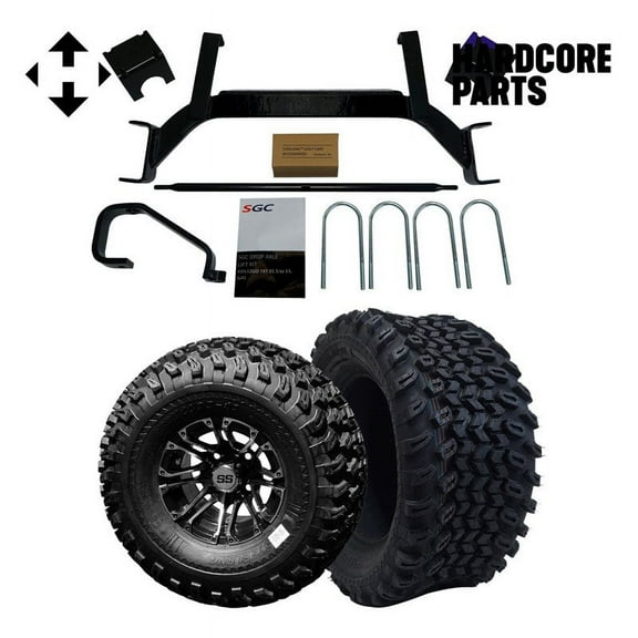 Hardcore Parts 6" Drop Axle Lift Kit for EZGO TXT/PDS (2001.5-2008) Gas Golf Cart with 10" Machined/Black 'Lancer' Wheels and 22"x11"-10 DOT rated All-Terrain tires