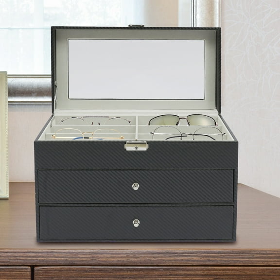 3-Layer Sunglasses Storage Box with Lock, 18 Grids Eyewear Organizer, Durable Carbon Fiber PU & Glass Display Case
