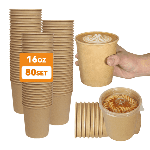 Cafemira 80 Pack Paper Soup Containers with Lids, 16 Oz To Go Hot Cold Soup Bowls, Disposable Ice Cream Kraft Paper Food Cups for Take Out Foods, Snack, Dessert