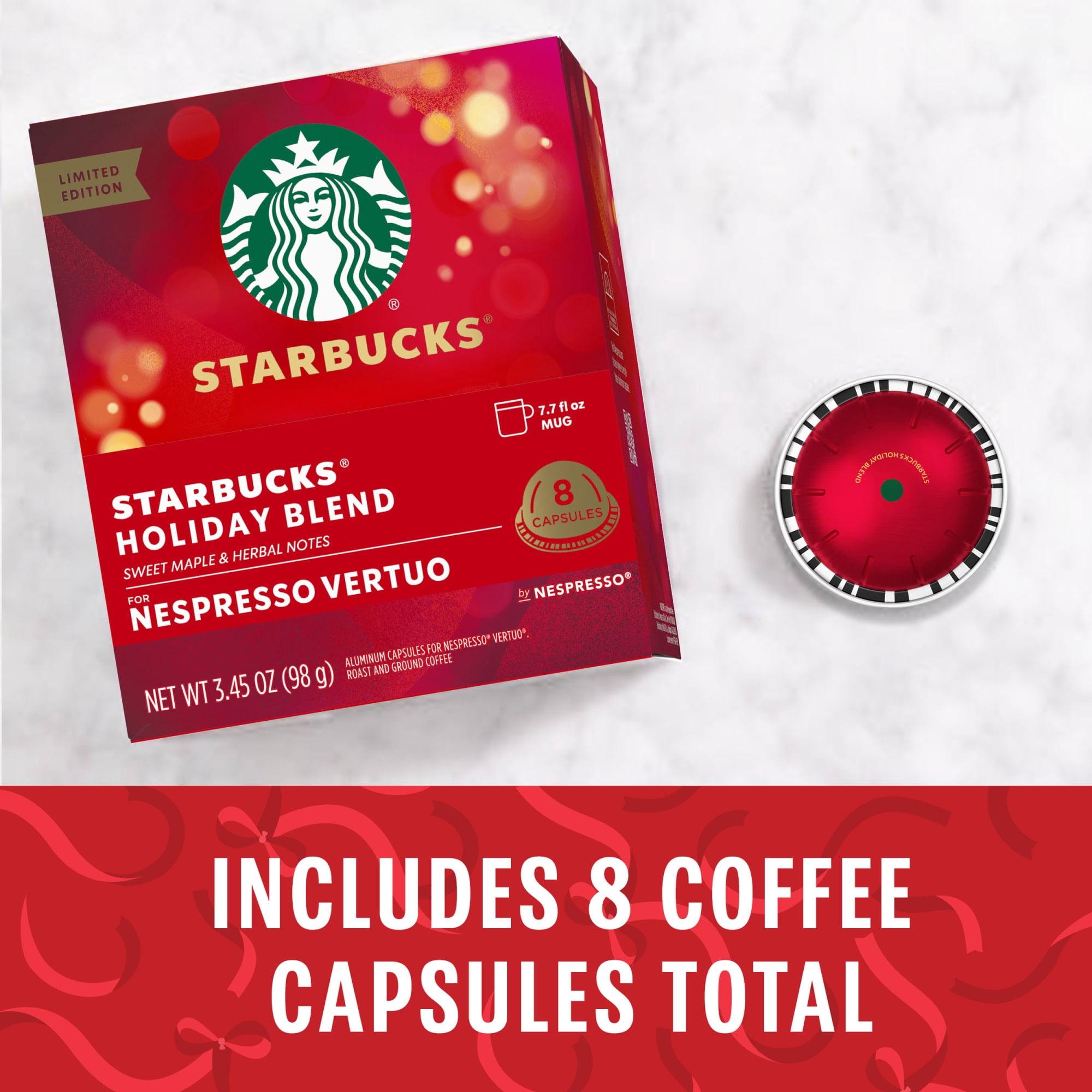 Starbucks Holiday Blend, Medium Roast Starbucks by Nespresso Vertuo Capsules, 8 Count