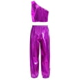thumbnail image 2 of Haitryli Kids Girls Metallic One Shoulder Jazz Modern Dance Crop Tops and Pants Set Performance Party Dancewear Purple 13-14, 2 of 3